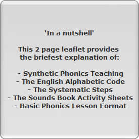 'In a nutshell'

This 2 page leaflet provides 
the briefest explanation of:

 - Synthetic Phonics Teaching
 - The English Alphabetic Code
 - The Systematic Steps
 - The Sounds Book Activity Sheets
 - Basic Phonics Lesson Format